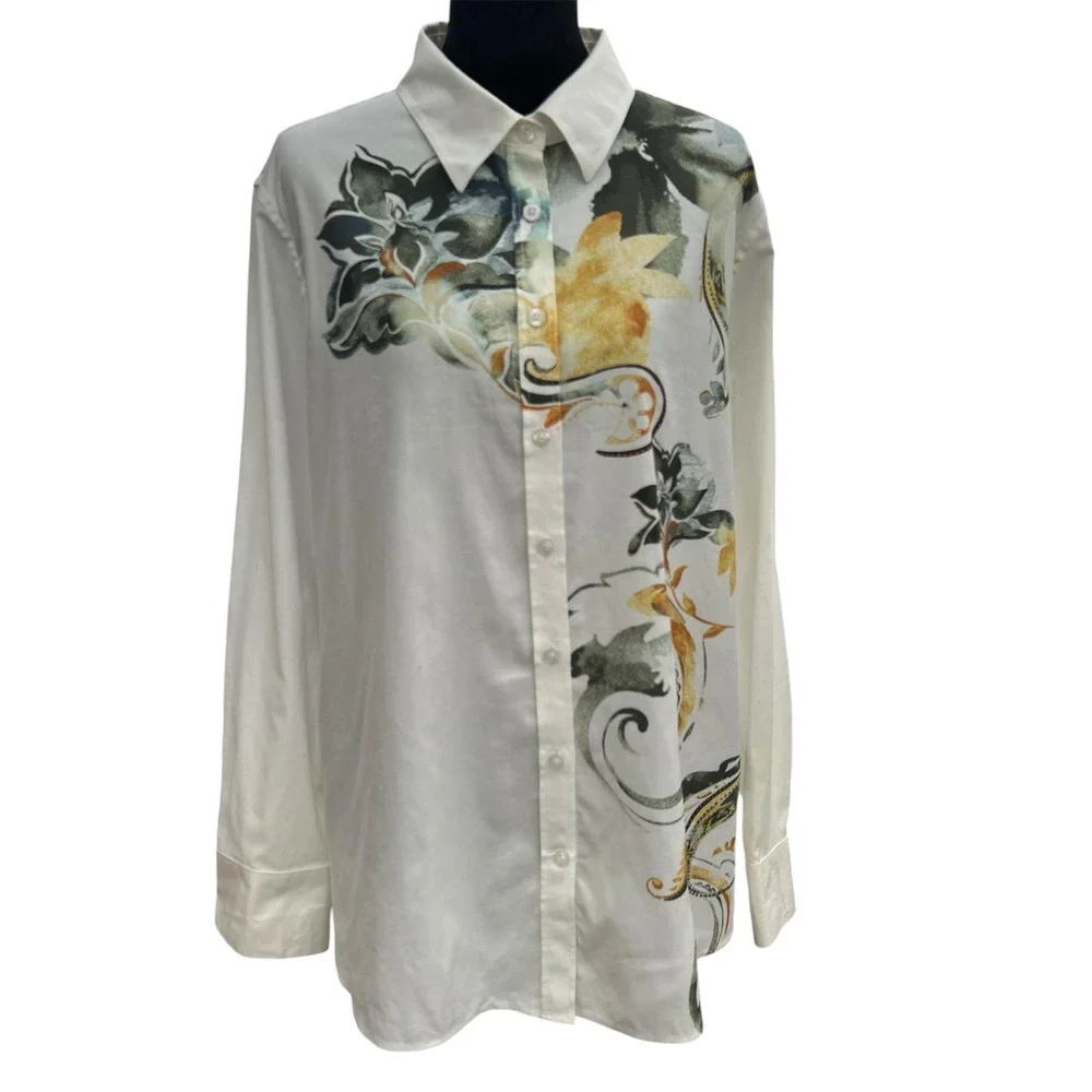 Chico's Size 3 US 16 White Watercolor Floral Button Down Shirt Artsy Boho Top